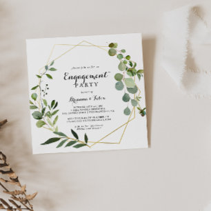 Geometric Gold Tropical Green Engagement Party Invitation