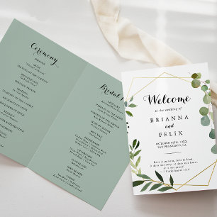Geometric Gold Tropical Green Folded Wedding Programme