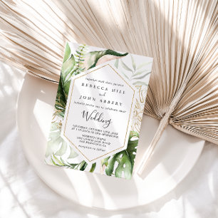 Geometric Gold Tropical Green Front & Back Wedding Invitation