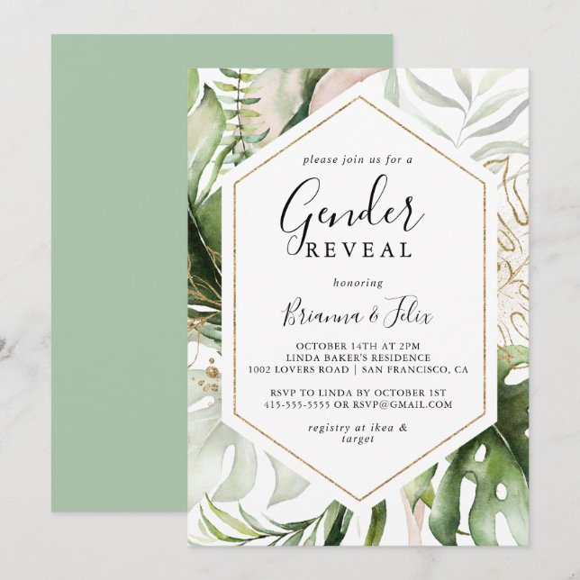 Geometric Gold Tropical Green Gender Reveal Party Invitation (Front/Back)