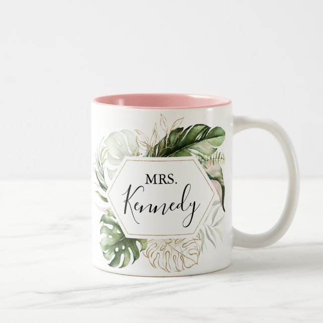 Geometric Gold Tropical Green Mrs Newlywed Bride Two-Tone Coffee Mug (Right)