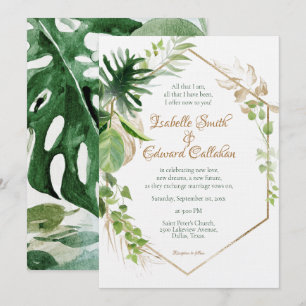 Geometric Gold Tropical Green Palm Leaves Wedding Invitation