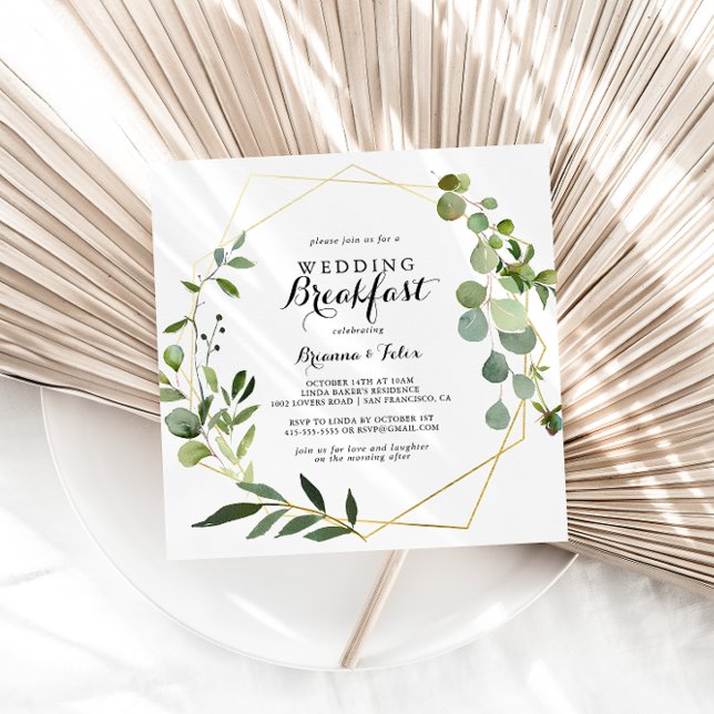 Geometric Gold Tropical Green Wedding Breakfast Invitation (Creator Uploaded)