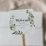 Geometric Gold Tropical Green Wedding Welcome Square Sticker<br><div class="desc">This geometric gold tropical green wedding welcome square sticker is perfect for a simple wedding. The design features hand-painted beautiful green leaves,  adorning a gold geometric frame.

These labels are perfect for hotel guest welcome bags and destination weddings.</div>