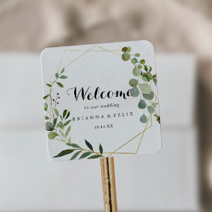 Geometric Gold Tropical Green Wedding Welcome Square Sticker