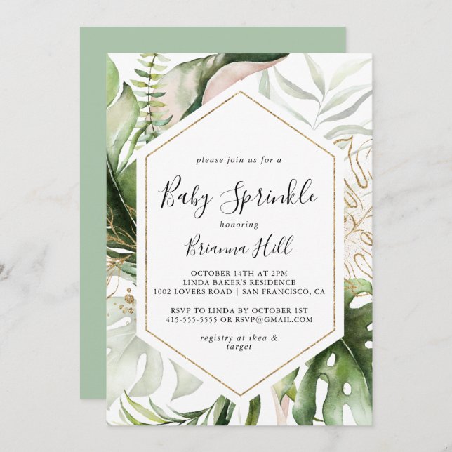 Geometric Gold Tropical Greenery Baby Sprinkle Invitation (Front/Back)
