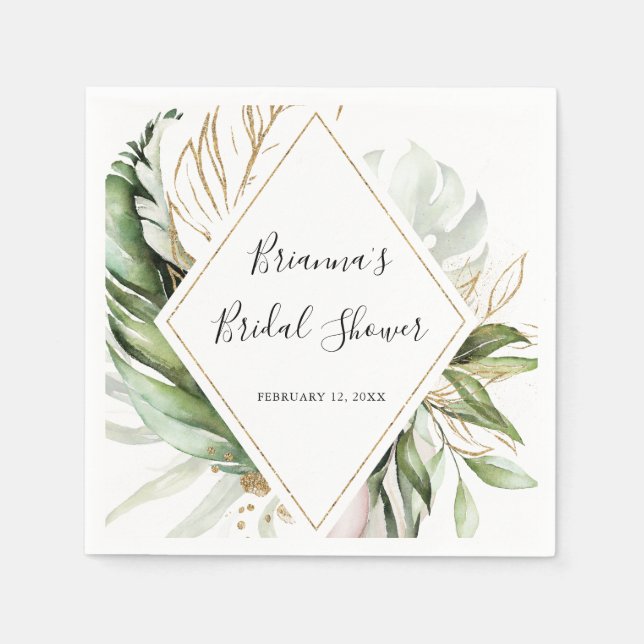 Geometric Gold Tropical Greenery Bridal Shower Napkin (Front)