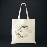 Geometric Gold Tropical Greenery Bridesmaid Tote Bag<br><div class="desc">This geometric gold tropical greenery bridesmaid tote bag is the perfect wedding gift to present your bridesmaids and maid of honour for a destination wedding. The design features hand-painted watercolor gold and green palm and banana leaves with pink flowers bunched into bouquets,  adorning a geometric frame.</div>