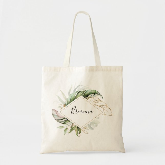 Geometric Gold Tropical Greenery Bridesmaid Tote Bag (Front)