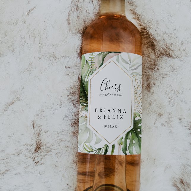 Geometric Gold Tropical Greenery Cheers Wedding Wine Label (Creator Uploaded)