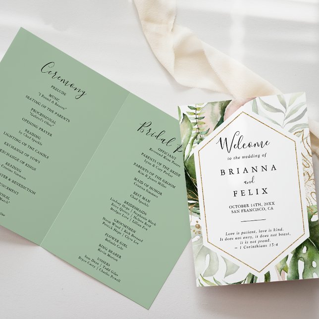 Geometric Gold Tropical Greenery Folded Wedding Programme (Creator Uploaded)