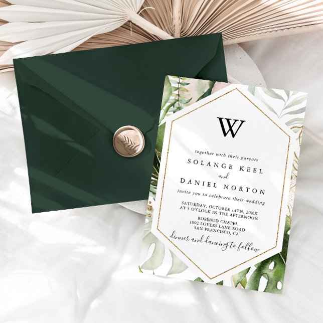 Geometric Gold Tropical Greenery Monogram Wedding Invitation (Creator Uploaded)