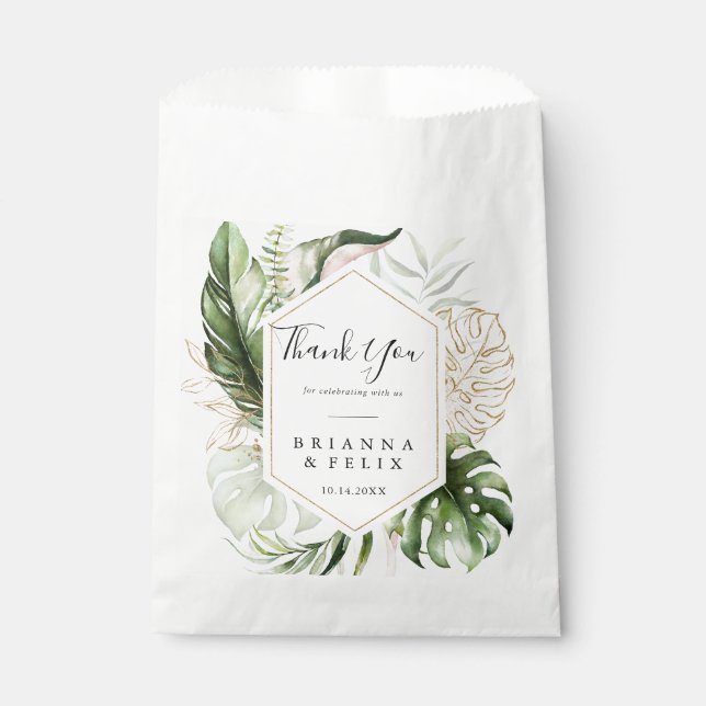 Geometric Gold Tropical Greenery Thank You Wedding Favour Bags (Front)