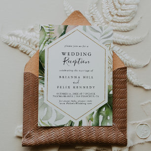 Geometric Gold Tropical Greenery Wedding Reception Invitation