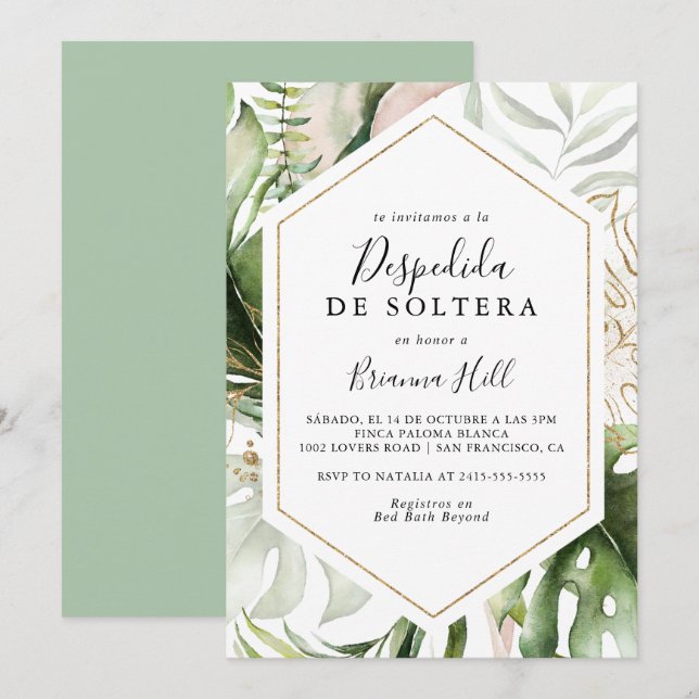 Geometric Gold Tropical Spanish Bridal Shower Invitation (Front/Back)