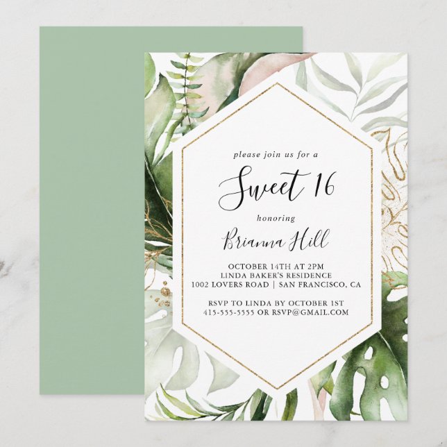 Geometric Gold Tropical Sweet 16 Birthday Party Invitation (Front/Back)