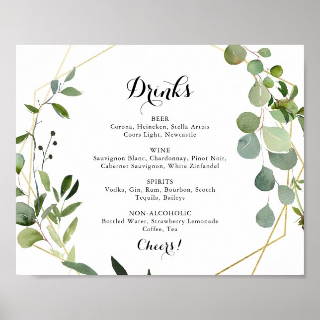 Geometric Gold Tropical Wedding Drinks Menu Sign (Front)