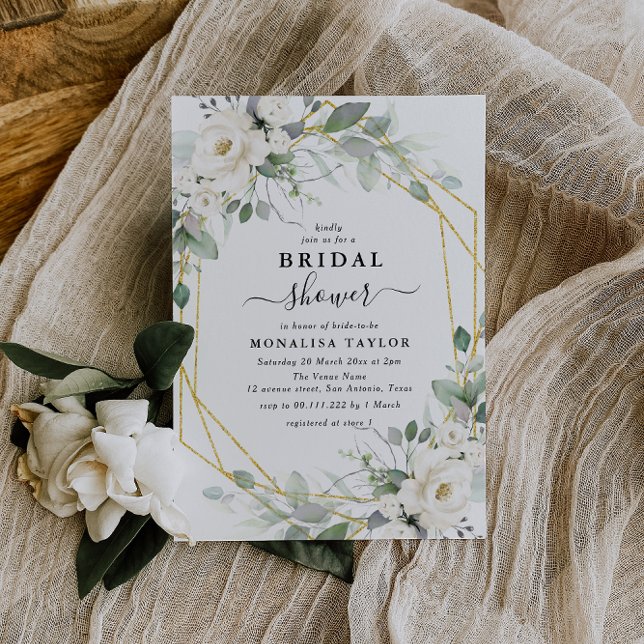 Geometric gold & white floral bridal shower invitation (Creator Uploaded)