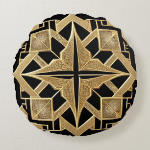 Geometric Golden Art Deco Pattern Round Cushion