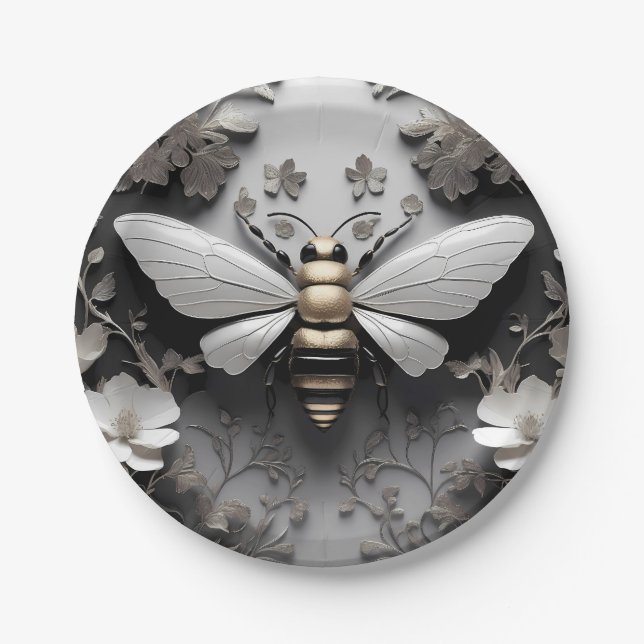 Geometric Golden Honeybee Art Paper Plate (Front)