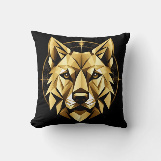 Geometric Golden Wolf Illustration Cushion (Front)