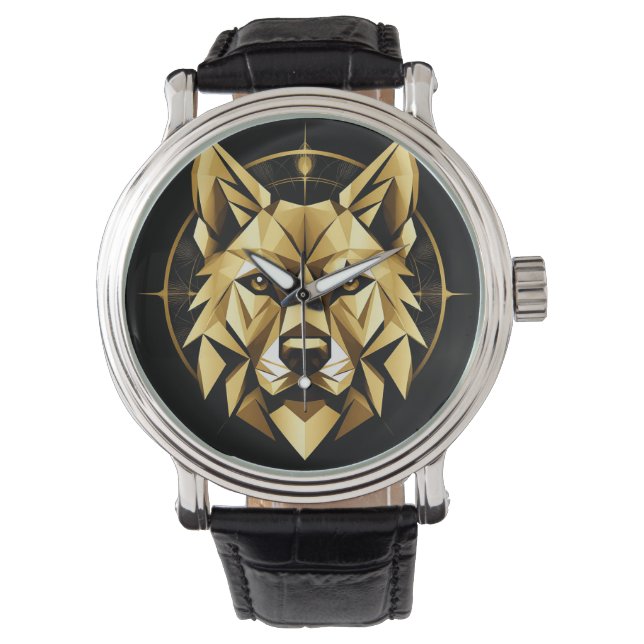 Geometric Golden Wolf Illustration Watch (Front)