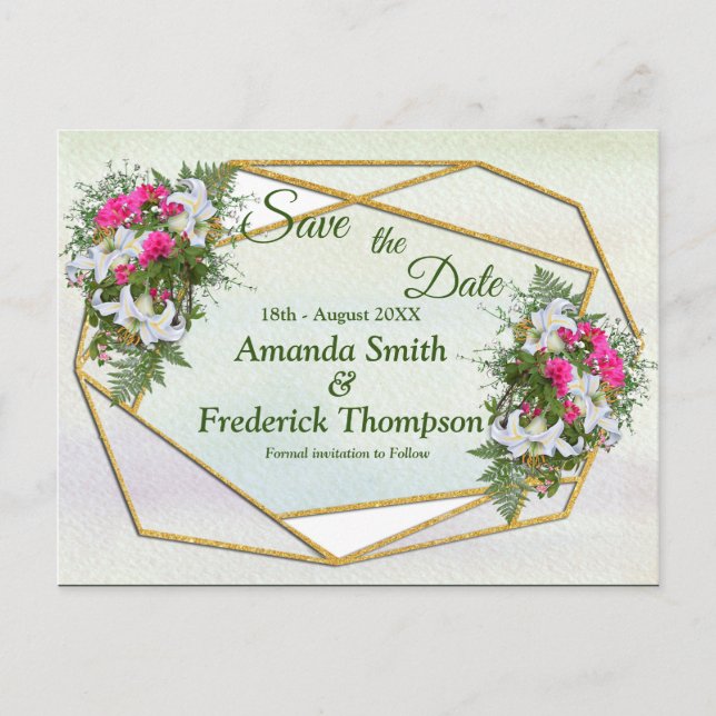Geometric GoldGlitter Flower Bouquet Save the Date Announcement Postcard (Front)