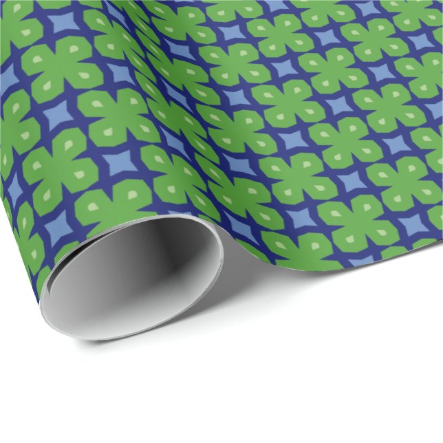 Geometric Green and Blue Four-Leaf Clover Wrapping Paper (Roll Corner)
