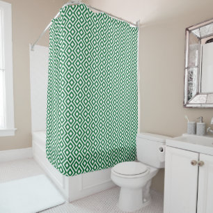 Geometric Green and White Meander Shower Curtain