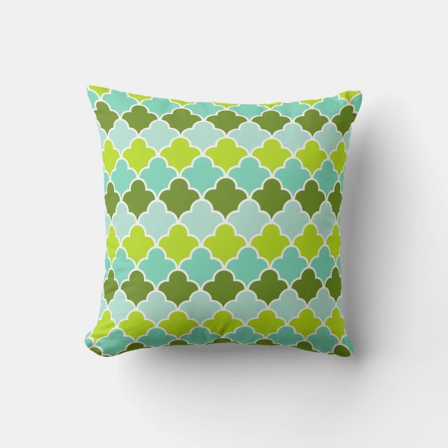 Geometric Green Aqua Turquoise Quatrefoil Pattern Cushion (Front)