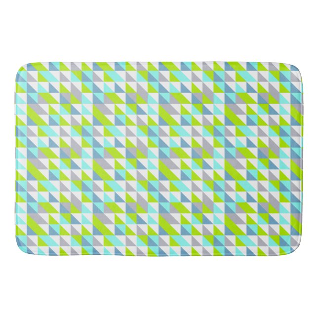 Geometric Green, Blue White Grey Triangles Pattern Bath Mat (Front)