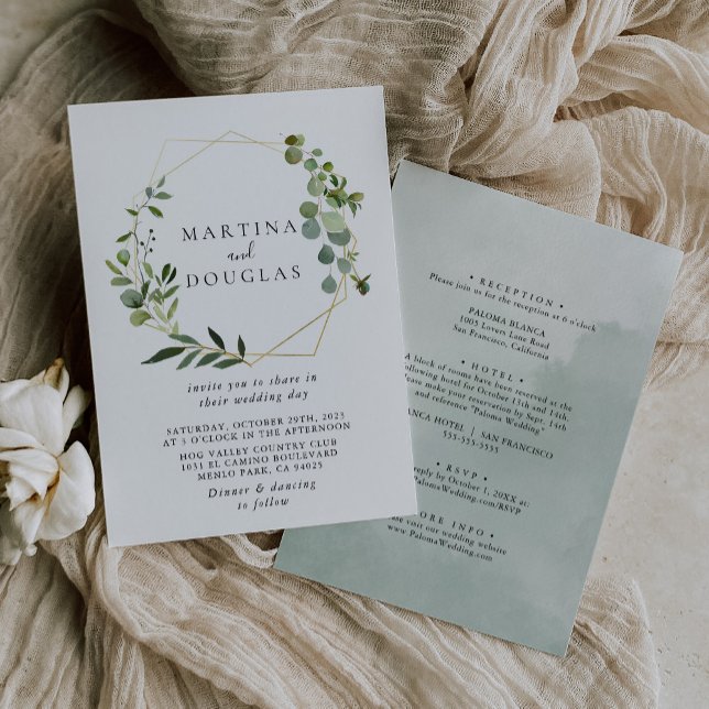 Geometric Green Eucalyptus Back & Front Wedding   Invitation (Creator Uploaded)