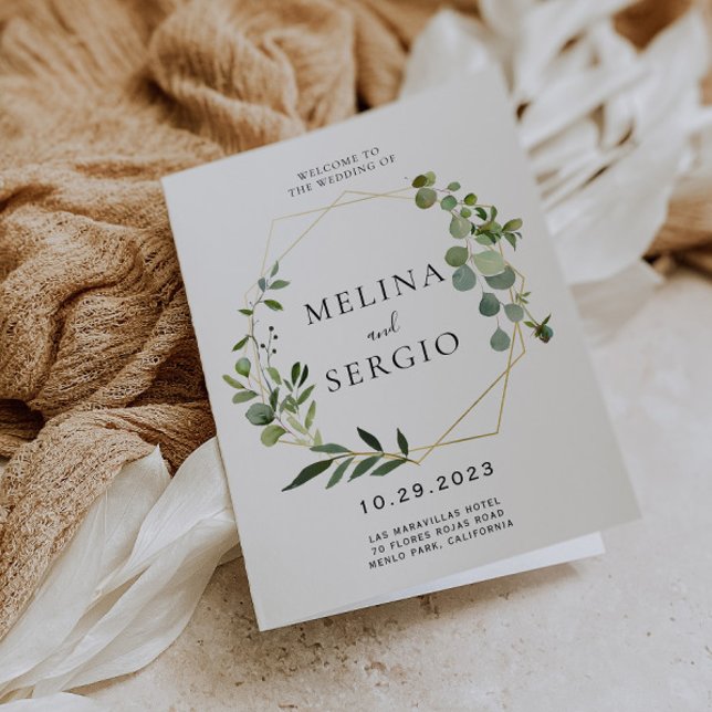 Geometric Green Eucalyptus Leaves Folded Wedding  Programme (Creator Uploaded)