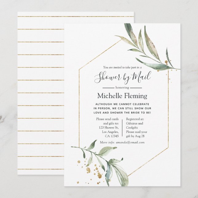 Geometric Greenery Baby or Bridal Shower by Mail Invitation (Front/Back)