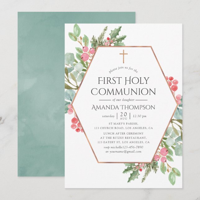Geometric Greenery Christmas First Holy Communion Invitation (Front/Back)