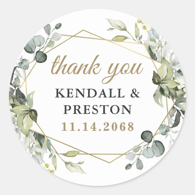 Geometric Greenery Elegant Gold Wedding Thank You Classic Round Sticker (Front)