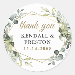 Geometric Greenery Elegant Gold Wedding Thank You Classic Round Sticker