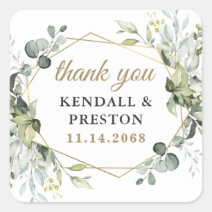 Geometric Greenery Elegant Gold Wedding Thank You Square Sticker