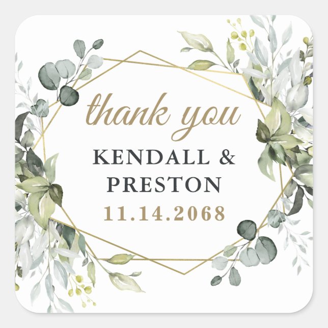 Geometric Greenery Elegant Gold Wedding Thank You Square Sticker (Front)