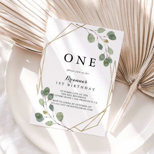 Geometric Greenery Eucalyptus First Birthday Party Invitation (Creator Uploaded)