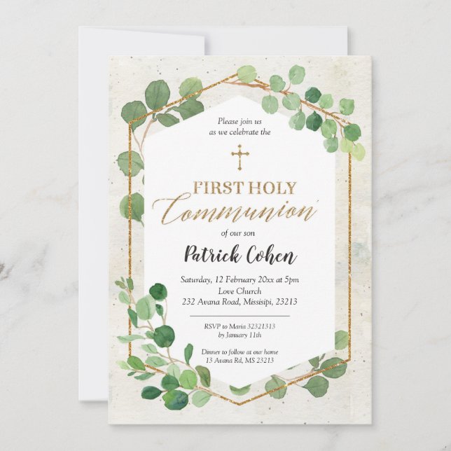 Geometric Greenery Eucalyptus First Holy Communion Invitation (Front)