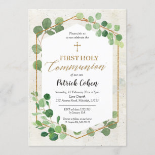 Geometric Greenery Eucalyptus First Holy Communion Invitation