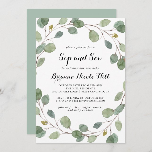 Geometric Greenery Eucalyptus Foliage Sip and See Invitation (Front/Back)
