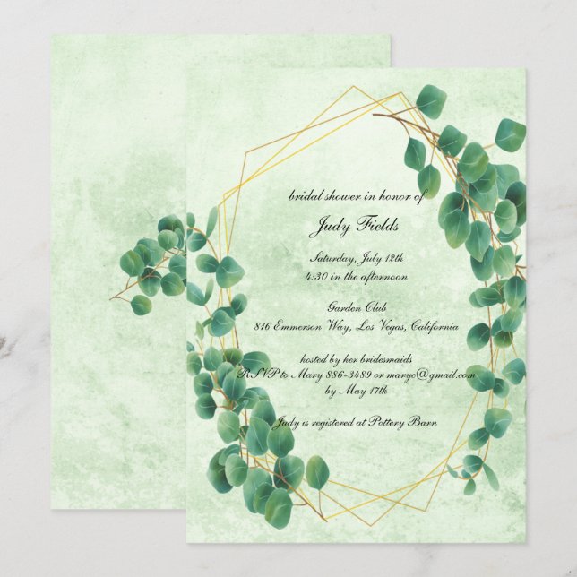 Geometric Greenery Eucalyptus Leaves Bridal Shower Invitation (Front/Back)