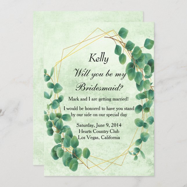 Geometric Greenery Eucalyptus Leaves Bridesmaid Invitation (Front/Back)