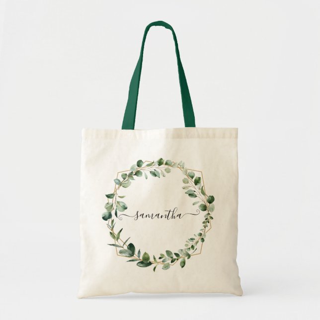 Geometric Greenery Eucalyptus Leaves Personalised Tote Bag (Front)
