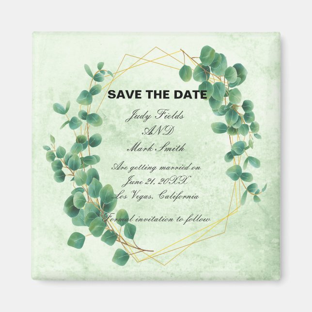 Geometric Greenery Eucalyptus Leaves Save The Date Magnet (Front)