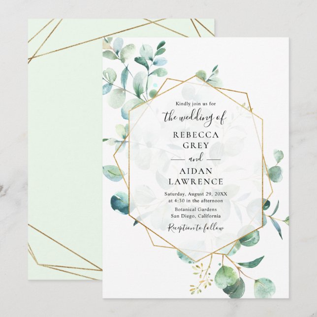Geometric Greenery Eucalyptus Leaves Wedding Invitation (Front/Back)