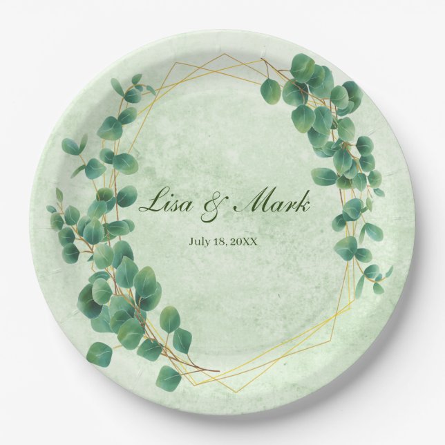 Geometric Greenery Eucalyptus Leaves Wedding  Paper Plate (Front)