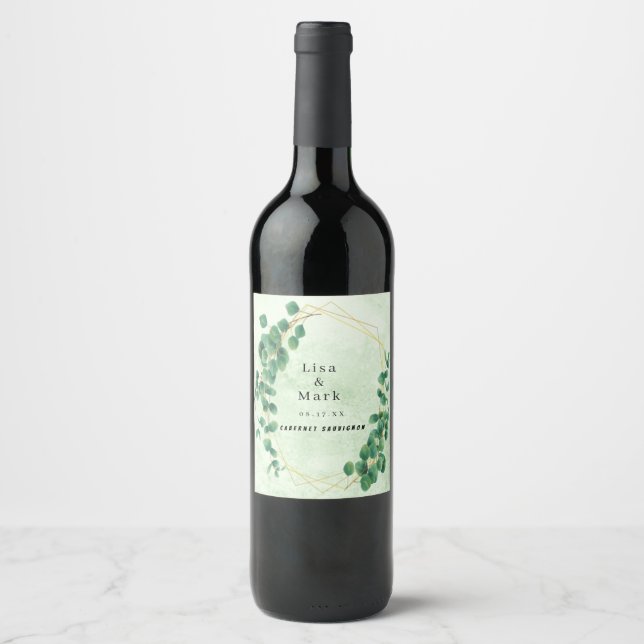 Geometric Greenery Eucalyptus Leaves  Wine Label (Front)